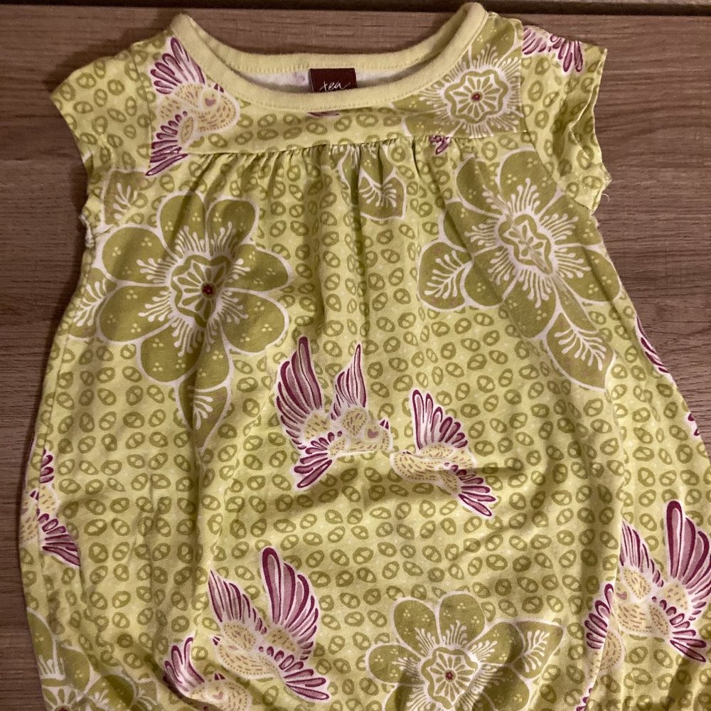 Tea Collection Sun Dress Floral Print Green and Purple Bubble Hem 3-6 Months GUC